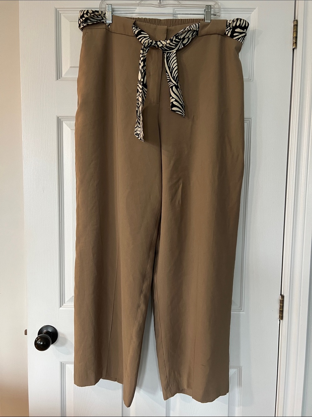 Laura Camel Wide-Leg Trousers with Zebra-Print Tie